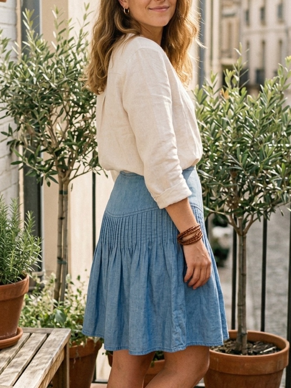 VTG Loft Linen Chambray Skirt 2P Petite Pleated Cottagecore Picnic Indie Pop